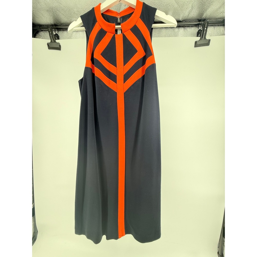 Milly of New York Navy Blue Orange Geometric Sleeveless Shift Dress Large